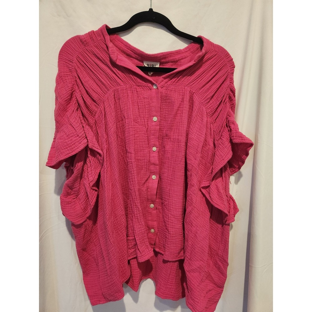 Oversized BiBi Hot Pink Cotton Gauze Ruffle Flutter Sleeve Button Down Top Small